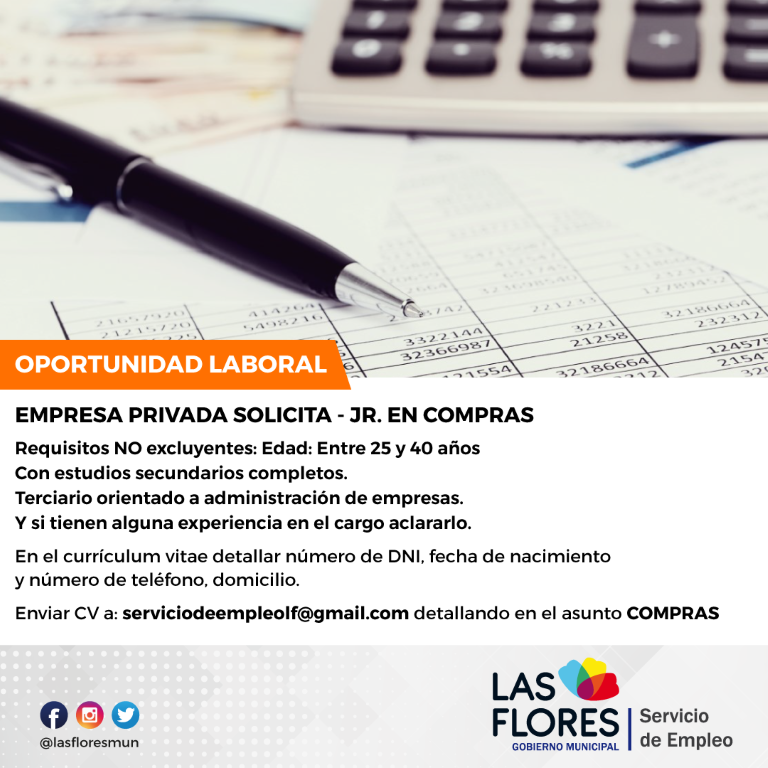 Empresa radicada en Las Flores seleccionara JR. en compras