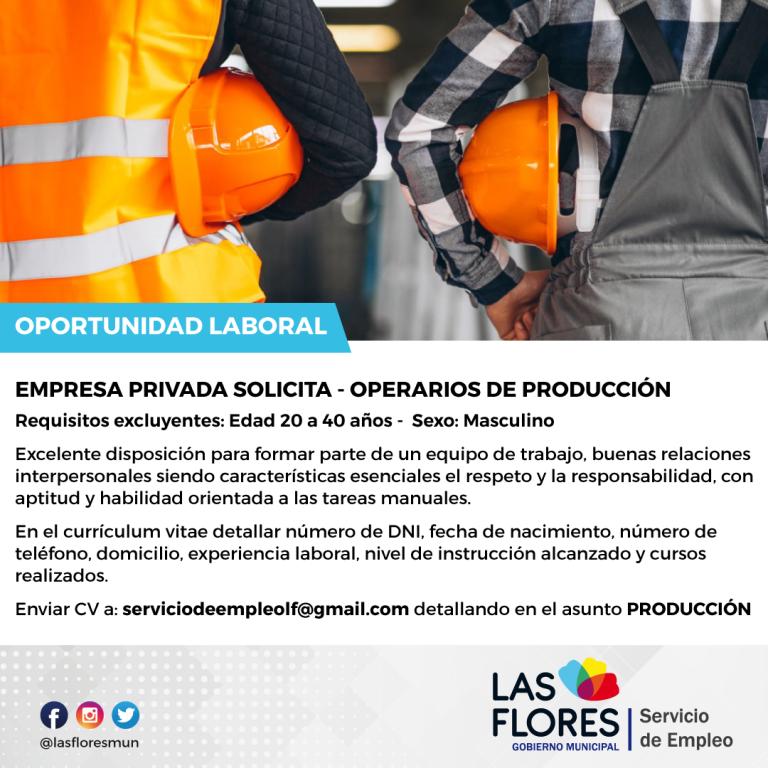 Empresa radicada en Las Flores seleccionará operarios de producción