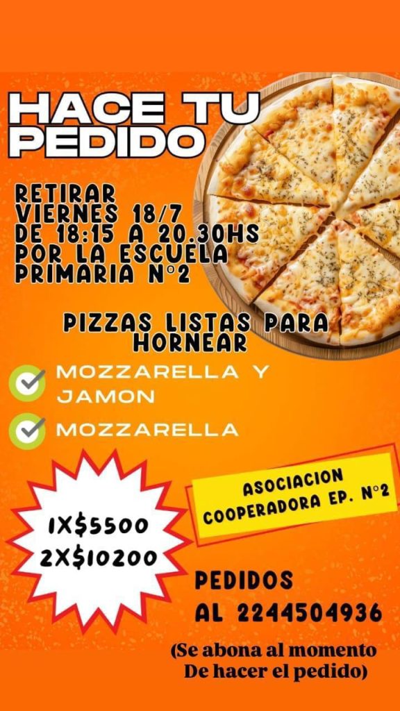 La cooperadora de la Escuela Nº2 organiza venta de pizzas para festejar el día del niño